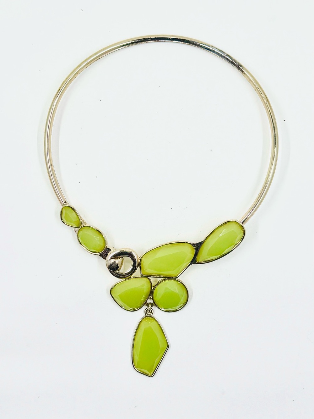 Gold Tone & Lime Green Faux Stone Collar Torque Necklace with Front Clasp